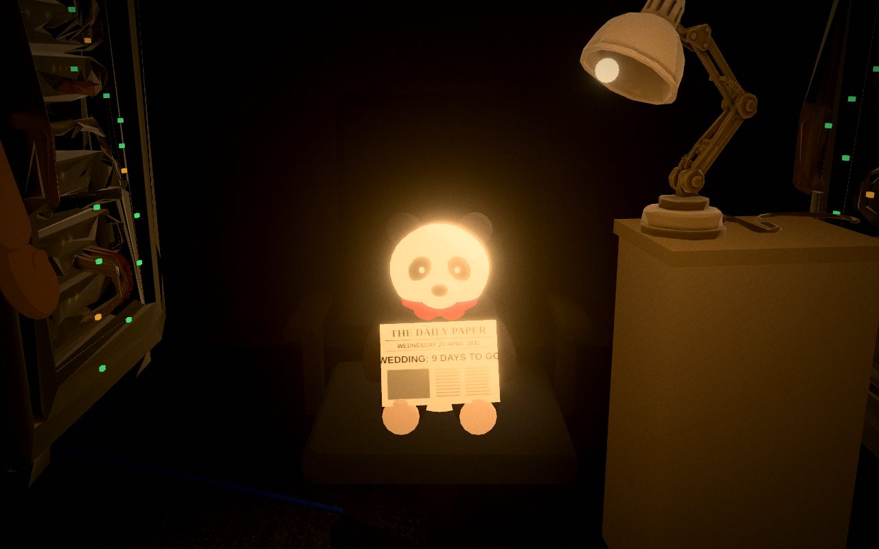 Proof of life, 2011: a teddy panda with a red ribbon on an office chair in a darkened room, under a desk lamp, holding up today's paper.