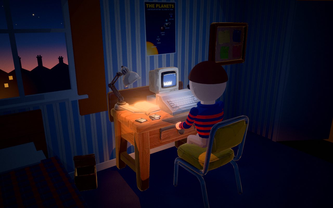 A seven-year-old at a desk in his bedroom in the early evening, typing into a beige home computer by the light of a desk lamp and a blue monitor.