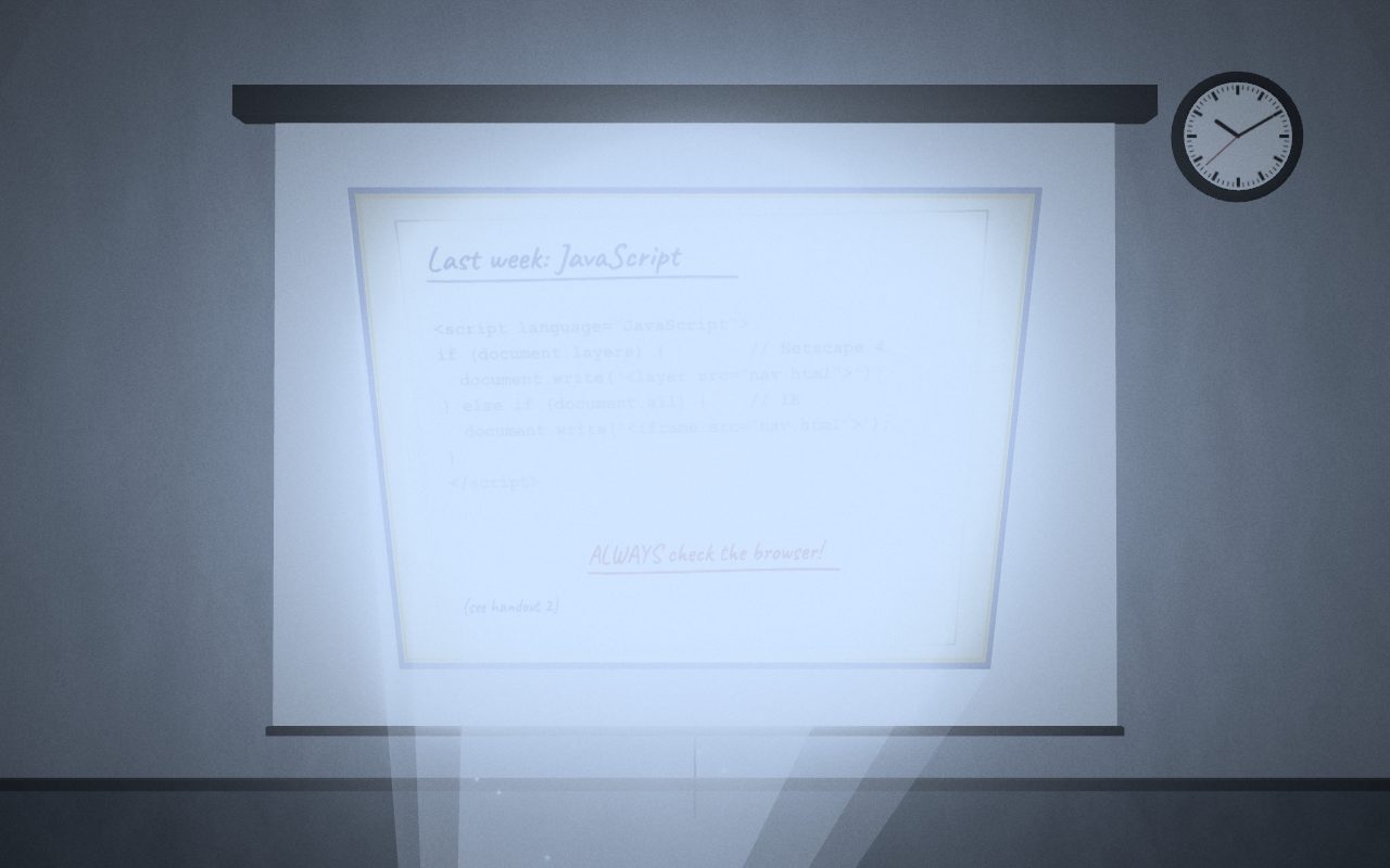 The projection screen, showing an acetate of out-of-date code.